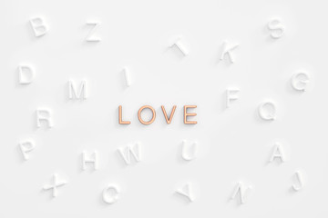 Rose gold LOVE letters Among other characters spreading on white background3d rendering. 3D illustration luxury of love and Valentines Day greeting card template minimal concept.