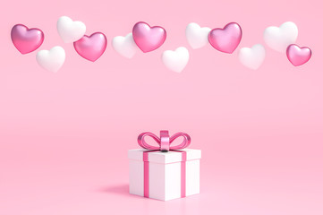 White gift box with pink ribbon among pink and white hearts on pastel pink background 3d rendering. 3D illustration surprise love and Valentines Day greeting card template minimal concept.