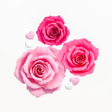 Sweet pastel pink rose flower isolated on white background 3d rendering, top view. 3D illustration sweet love and Valentines Day greeting card template minimal concept.