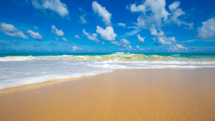 White sand beach turquoise sea water against blue sky with cloud seascape vacation background
