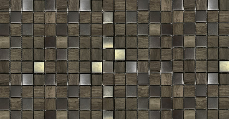 The texture of the mosaic tiles. Metal tile and granite.
