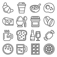 Breakfast Icons Set on White Background. Line Style Vector