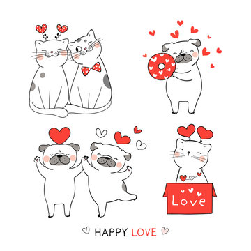 Draw cute cat and pug dog with red heart for Valentine.