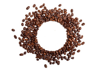 Circle frame of roasted brown coffee beans isolated on white background may use as background or texture.