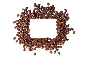 Frame of roasted brown coffee beans isolated on white may use as background or texture.