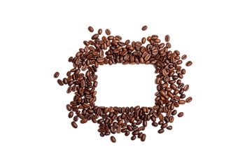 Frame of roasted brown coffee beans isolated on white may use as background or texture.