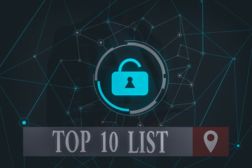Word writing text Top 10 List. Business photo showcasing the ten most important or successful items in a particular list Woman wear formal work suit presenting presentation using smart device