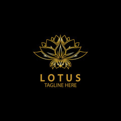 Golden lotus flower logo. Vector design template of lotus icon on dark background with golden effect for eco, beauty, spa, yoga, medical companies.