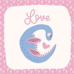 Cute dinosaur with heart. Nursery decor, wall decor, postcard, Valentine's greeting card design. Stickers, children art. Lettering quote - Love