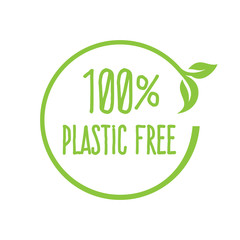 Plastic free green icon badge and product sign for labels, stickers and stamps.   Bpa plastic free chemical mark zero or 100 percent clean.