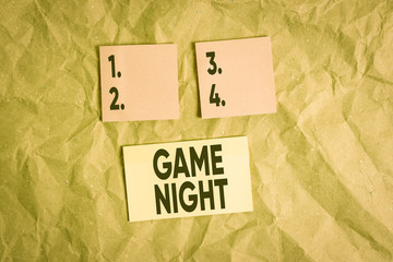 Word writing text Game Night. Business photo showcasing event in which folks get together for the...
