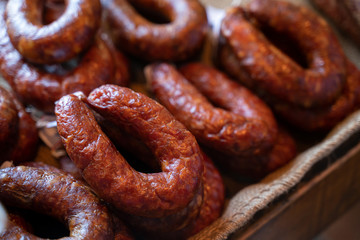 Rustic Cured Portuguese Chorizo Pork Sausages At The Farmers Market