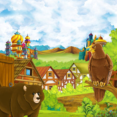cartoon scene with kingdom castle and mountains valley near the forest and farm village settlement with bear walking by and eagle bird illustration for children