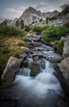 Picture Peak and waterfall from Hungry Packer Lake, Inyo National Forest, California, USA