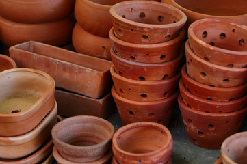 Lots of clay pot in the gardening shop