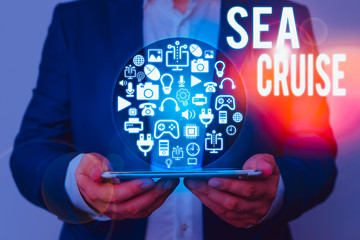 Writing note showing Sea Cruise. Business concept for a voyage on a ship or boat taken for pleasure...