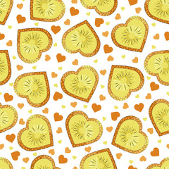 Heart-shaped pineapple slice vector seamless pattern. Stylized juicy fruit seamless texture. Valentine Day. Textile, wrapping paper, wallpaper design. Stock illustration. Isolated white background.