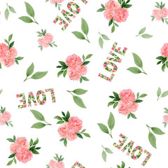 seamless floral pattern with roses flowers and love word, floral love word, watercolor floral decoration for valentines day and mother day