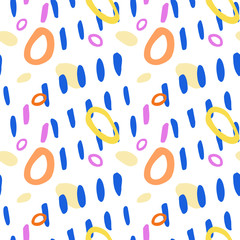 Seamless pattern of Doodle elements in different bright colors. Graphic image, funny, cartoon style. For decoration, textiles.
