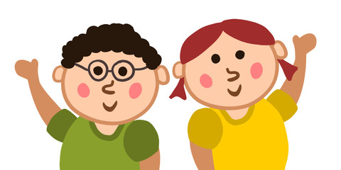 Cartoon kids (girl and boy) with hands up, waving hi.