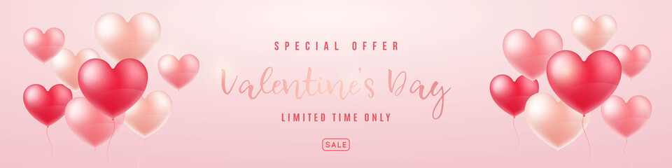 Fototapeta na wymiar Long Horizontal Valentine's Day Sale Banner. Composition with 3d realistic balloon hearts. Vector illustration for website, brochure, Wallpaper, flyers, invitation, banners.