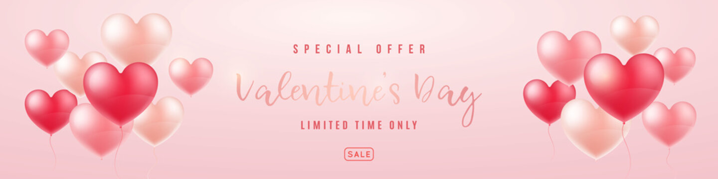 Long Horizontal Valentine's Day Sale Banner. Composition with 3d realistic balloon hearts. Vector illustration for website, brochure, Wallpaper, flyers, invitation, banners.