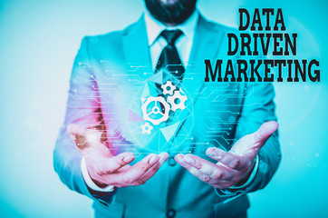 Writing note showing Data Driven Marketing. Business concept for Strategy built on Insights Analysis from interactions Male human wear formal suit presenting using smart device