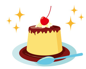 プリン　サクランボ　クリーム　スプーン