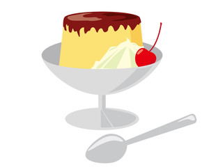 プリン　サクランボ　クリーム　スプーン