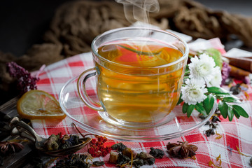 Tea in a cup on an old background