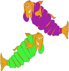 Sketch, two marine animals of purple and green are smiling