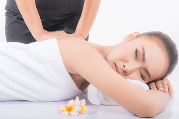 Massage of face for woman in spa salon.