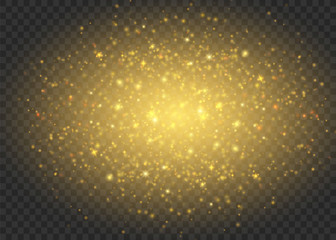 The dust sparks and golden stars shine with special light. Vector sparkles on a transparent background. Christmas light effect. Sparkling magical dust particles.