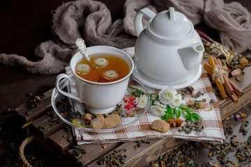 Tea in a cup on an old background