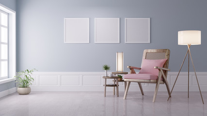 Modern vintage interior of living room, Blank poster on white wall, Armchair with pink cushion - 3D Rendering