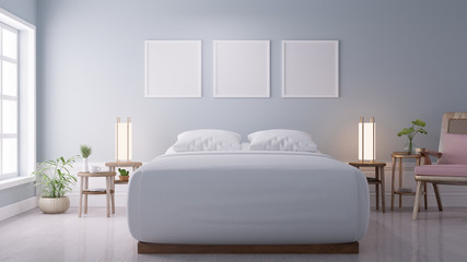 Fototapeta na wymiar Simple bedroom with a big double bed on the wall , Blank poster on white wall - 3D Rendering