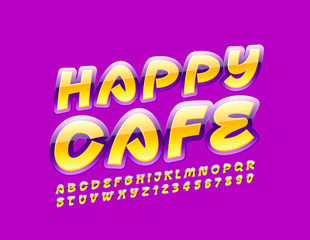 Vector colorful Sign Happy Cafe. Bright Glossy Font for Children. Creative Alphabet Letters and Numbers.