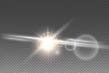 Vector transparent sunlight special lens flash light effect.front sun lens flash. Vector blur in the light of radiance. Element of decor. Horizontal stellar rays and searchlight.