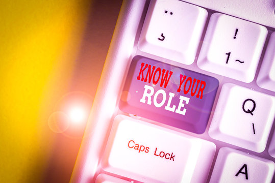 Text Sign Showing Know Your Role Business Photo Showcasing End Acting Outside Who You Actually Are Play Your Position White Pc Keyboard With Empty Note Paper Above White Background Key Copy Space Text Sign Showing Know Your Role Business Photo Showcasing End Acting Outside Who You Actually Are Play Your Position White Pc Keyboard With Empty Note Paper Above White Background Key Copy Space
