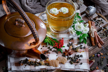 Tea hot drink on old background in composition on the table