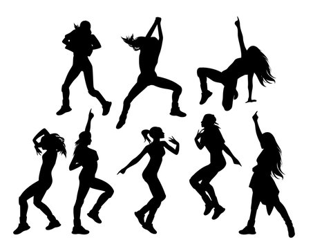women dancers performing hip hop - girls dancing contemporary style black vector silhouette set