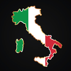 map of Italy with flag background and golden outline 