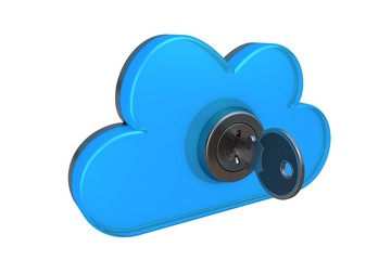 3D illustration: blue symbol of remote data storage. Cloud with key in the keyhole, reliable information storage available from various gadgets.