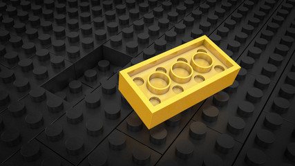3d illustration: yellow different toys piece lies separately on a black background is not inserted in the groove. Business concept: unique, not like everyone else. cube children's  of erector set.