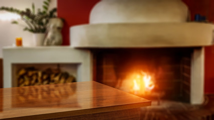 desk of free space and home interior with firepalce 