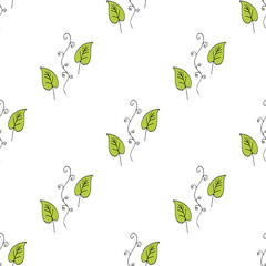 Seamless background with green leaves and cozy decorative elements on white background. Endless pattern for your design. Vector.