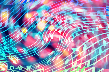 Bright, abstract, multicolor music background with musical score elements.