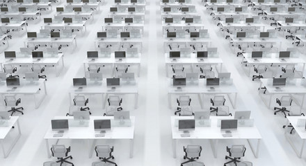 Many empty identical workplaces with computers in the interior of an office open space. Large bright office room in black and white without people. 3D rendering.