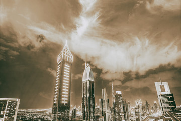 Amazing aerial view of Downtown Dubai skyline from Sheikh Zayed Road, United Arab Emirates