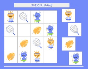 Sudoku for kids with pictures. Kids activity sheet. Training logic, educational game. Sudoku game with funny monsters.